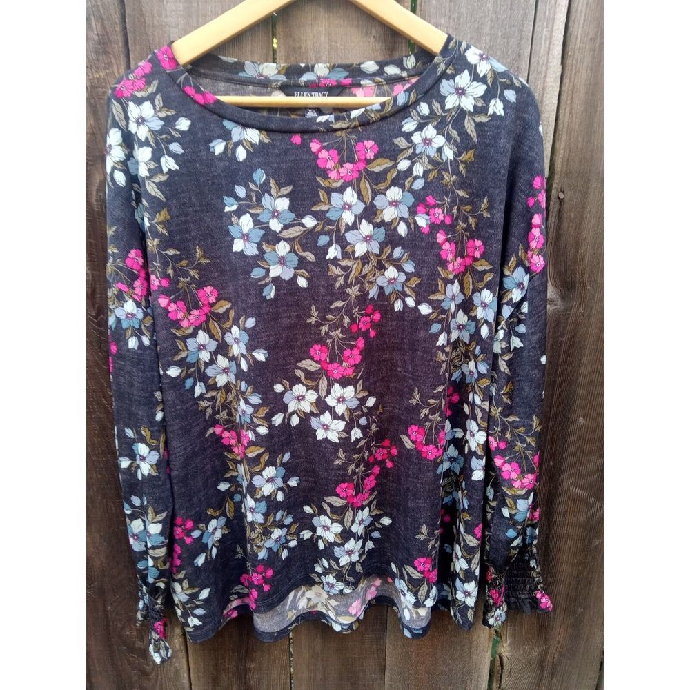 Women's Ellen Tracy Floral‎ On Gray Scoop Neck LS Top Blouse Shirt Size Large XL